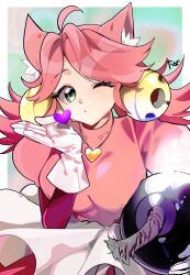  1girl animal_ears bell blowing_kiss bomb breasts cat_ears cat_girl commentary deltarune explosive green_eyes hair_bell hair_ornament heart highres long_hair mad_mew_mew pink_hair solo tabasc0de twintails untranslatable_commentary utdr_(toby_fox) 