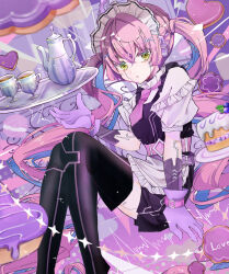  1girl apron black_dress black_thighhighs cake cake_slice chibana_sora colored_inner_hair commentary cup dress food frills gloves heart highres holding holding_tray long_hair looking_at_viewer macaron maid maid_apron maid_headdress multicolored_hair necktie original pink_hair pink_necktie puffy_short_sleeves puffy_sleeves purple_gloves shirt short_sleeves sitting solo sparkle tea teacup teapot thigh-highs tray twintails very_long_hair white_apron white_shirt yellow_eyes 