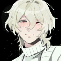  1boy bishounen black_background blonde_hair blush cardigan closed_mouth double-parted_bangs drawfag hair_between_eyes jaggy_lines looking_at_viewer lowres male_focus oekaki open_cardigan open_clothes original portrait red_eyes smile solo sweater turtleneck turtleneck_sweater white_cardigan white_sweater 
