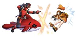  1boy 1girl alex_dos_diaz black_bodysuit black_hat black_shorts bodysuit brown_hair deadpool deadpool_(series) fighting_game full_body guilty_gear guilty_gear_strive hat highres jacket katana marvel marvel_tokon:_fighting_souls may_(guilty_gear) multicolored_bodysuit orange_hat orange_jacket red_bodysuit riding shorts simple_background stuffed_animal stuffed_shark stuffed_toy sword sword_on_back two-tone_bodysuit weapon weapon_on_back white_background 