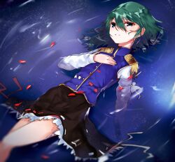  1girl asuzemu black_skirt blue_vest bow buttons commentary_request epaulettes feet_out_of_frame fine_art_parody green_eyes green_hair hair_between_eyes hand_on_own_chest highres long_bangs long_sleeves looking_at_viewer ophelia_(painting) parody partially_submerged petals petals_on_liquid shiki_eiki shirt short_hair skirt sleeve_bow solo touhou vest water white_bow white_shirt 