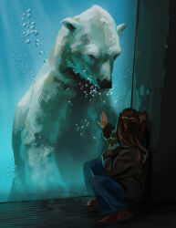  1girl against_glass animal archdrawsalot bear black_jacket blue_pants brown_hair brown_shoes bubble commentary english_commentary half_updo hand_on_glass highres jacket original pants polar_bear shoes sitting underwater zoo 