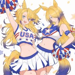  +_+ 2girls :d animal_ears arm_up armband blonde_hair blue_eyes blue_hair cheerleader confetti dual_persona fourth_of_july gradient_hair hair_over_one_eye highres horse_ears horse_girl horse_tail long_hair makotan_art midriff miniskirt multicolored_hair multiple_girls obey_your_master_(umamusume) pom_pom_(cheerleading) skirt smile tail two_side_up umamusume umamusume:_cinderella_gray 