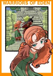  1boy 1girl arms_behind_back beanie belt black_belt black_gloves blonde_hair border brown_dress brown_hat commentary_request dragon_quest dragon_quest_vii dress gloves green_dress green_eyes hat holding holding_sword holding_weapon kiefer kobawan_dam layered_dress leaning_forward long_hair looking_at_viewer maribel_(dq7) open_mouth orange_border orange_hair outside_border over_shoulder raised_eyebrow red_tunic short_hair stairs standing sword sword_over_shoulder tunic weapon weapon_over_shoulder 