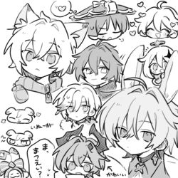  1girl 6+boys ^_^ aether_(genshin_impact) ahoge animal_ears arrow_(symbol) blunt_ends blush bow choker closed_eyes closed_mouth collared_shirt creature crossed_bangs dragon_boy dragon_horns durin_(genshin_impact) earrings empty_eyes flins_(genshin_impact) fur-trimmed_jacket fur_trim genshin_impact greyscale hair_between_eyes hair_ornament halo hat head_only heart highres horns illuga_(genshin_impact) jacket jewelry jingasa kemonomimi_mode lohen_(genshin_impact) long_hair long_sleeves looking_at_object looking_at_viewer looking_down mechanical_halo monochrome multicolored_hair multiple_boys nontan_4242 open_mouth paimon_(genshin_impact) parted_bangs puffy_long_sleeves puffy_sleeves rabbit_ears reading romper scaramouche_(genshin_impact) shirt short_hair simple_background single_earring smile speech_bubble spoken_heart star_(symbol) star_earrings star_hair_ornament streaked_hair striped_bow sweatdrop thought_bubble wanderer_(genshin_impact) zipper 