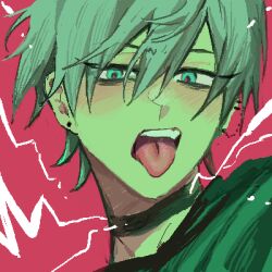  1boy alien_stage aqua_eyes bags_under_eyes black_choker blush choker colored_eyelashes colored_skin drawfag ear_piercing earrings green_shirt green_skin grey_hair jaggy_lines jewelry looking_at_viewer lowres male_focus oekaki open_mouth piercing pink_pupils portrait red_background shirt short_hair solo stud_earrings teeth till_(alien_stage) tongue tongue_out 