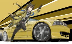  1girl animal_ears arai_kogane asymmetrical_shirt black_boots black_gloves black_pants bmw bmw_3_series bmw_m3 boots brown_eyes brown_hair car coat color_connection commentary ear_covers english_commentary film_canister film_cartridge from_below from_side gloves goggles goggles_around_neck hair_between_eyes highres horse_ears horse_girl horse_tail knife_sheath lace-up_boots long_hair looking_to_the_side low_ponytail motor_vehicle pants ponytail running sheath shirt stay_gold_(sunlit_outsider)_(umamusume) stay_gold_(umamusume) tail torn_clothes torn_coat torn_pants umamusume vehicle_focus white_hair white_shirt wrist_belt yellow_coat 