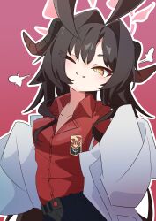  1girl :3 absurdres ahoge black_hair blue_archive coat commentary demon_horns ferumon hair_intakes halo highres horns kasumi_(blue_archive) lab_coat long_hair long_sleeves looking_at_viewer one_eye_closed red_background red_shirt shirt sleeves_past_fingers sleeves_past_wrists solo white_coat yellow_eyes 