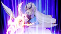  1girl aiming arch_zion armor armored_dress arrow_(projectile) black_bow blue_background blue_eyes bow bow_(weapon) braid breastplate cape capelet closed_mouth drawing_bow dress faulds fire forehead_protector game_asset gauntlets glowing glowing_weapon grey_hair hair_bow headgear headpiece holding holding_bow_(weapon) holding_weapon jambread long_sleeves looking_at_viewer magic magical_girl non-web_source official_art pauldrons ribbon self-datamine shinsou_kenki_arch_saver shoulder_armor skirt solo standing variant_set visual_novel_cg weapon white_cape white_hair yuno_plaftskaya 