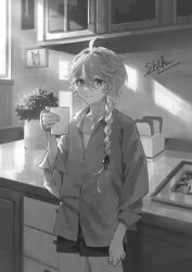  1boy aether_(genshin_impact) ahoge alternate_costume artist_name braid cabinet clenched_hand clock closed_mouth collarbone collared_shirt commentary_request cowboy_shot cup genshin_impact greyscale hair_between_eyes hair_ribbon hand_up highres holding holding_cup indoors jar kitchen long_hair long_sleeves looking_at_viewer low-braided_long_hair low-tied_long_hair male_focus monochrome picture_frame plant puffy_long_sleeves puffy_sleeves ribbon shadow shirt short_shorts shorts single_braid smile solo standing sunlight table wall_clock window zashikino_shiki 