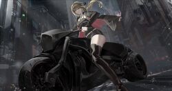  1girl artoria_pendragon_(fate) belt black_camisole black_ribbon black_shorts blonde_hair breasts camisole city fate/grand_order fate_(series) highres jacket jewelry long_hair looking_at_viewer low_ponytail medium_breasts motor_vehicle motorcycle necklace official_alternate_costume ponytail ribbon saber_alter saber_alter_(ver._shinjuku_1999) shorts thighs white_belt yellow_eyes yeon_gaeng 