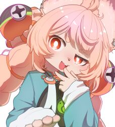  1girl absurdres animal_ear_fluff animal_ear_piercing animal_ears blush braid braided_twintails bright_pupils commentary dwain furry furry_female green_shirt hair_ornament hand_up highres looking_at_viewer open_mouth pink_fur rabbit_ears rabbit_girl red_eyes screw shirt short_eyebrows simple_background solo sphere_hair_ornament thick_eyebrows untranslatable_commentary upper_body white_background white_pupils zenless_zone_zero zhao_(zenless_zone_zero) 