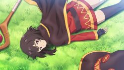  1girl :t asymmetrical_legwear bandaged_leg bandages belt black_gloves brown_belt brown_cape brown_hair brown_hat brown_thighhighs cape closed_mouth cowboy_shot dress dutch_angle fingerless_gloves game_asset gloves grass hat highres holding holding_staff jitome kono_subarashii_sekai_ni_shukufuku_wo! kono_subarashii_sekai_ni_shukufuku_wo!_kono_yokubukai_game_ni_shinpan_o! long_sleeves looking_at_viewer lying megumin non-web_source official_art on_floor on_stomach outdoors pout raised_inner_eyebrows red_dress red_eyes self-datamine short_dress short_hair_with_long_locks single_thighhigh solo staff thigh-highs unworn_hat unworn_headwear witch_hat 