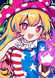  1girl :d \||/ american_flag american_flag_dress american_flag_print ben-day_dots blonde_hair blue_outline blush breasts bright_pupils clownpiece commentary_request dot_nose dress eyelashes fang fire flag_print halftone hand_up hat holding holding_torch jester_cap kukurukurukuru long_hair looking_at_viewer nail_polish neck_ruff open_mouth outline pink_nails polka_dot_headwear print_dress purple_fire red_eyes revision screentones short_sleeves simple_background small_breasts smile solo star-shaped_pupils star_(symbol) star_print striped_clothes symbol-shaped_pupils teeth torch touhou upper_body upper_teeth_only very_long_hair white_pupils 