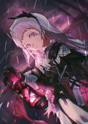  1girl absurdres ammunition ammunition_belt arknights black_gloves black_shirt black_sleeves capelet commentary cross_scar dot_nose dutch_angle earrings film_grain gloves grey_eyes grey_hair gun handgun handgun_cartridge head_wings heavy_film_grain highres holding holding_lantern irene_(arknights) jewelry lantern long_hair long_sleeves looking_at_viewer parted_lips pink_pupils purple_background rain rapier red_pupils scar scar_across_eye scar_on_face shirt shoulder_strap skirt solo strap sudadachi sword upper_body weapon white_capelet white_skirt wings 