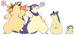  ? anger_vein chest_tuft commentary_request cyndaquil fire highres hisuian_typhlosion looking_at_another mamebato nintendo no_humans pear-shaped_figure pokemon pokemon_(creature) pokemon_legends:_arceus quilava simple_background sitting typhlosion white_background 