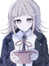  1girl absurdres blunt_bangs breasts brown_hair collared_shirt commentary_request danganronpa_(series) danganronpa_2:_goodbye_despair flipped_hair hair_ornament handheld_game_console highres holding holding_handheld_game_console hood jacket long_sleeves looking_at_viewer medium_hair nanami_chiaki neck_ribbon open_clothes open_jacket pink_eyes pink_ribbon ribbon shirt simple_background solo u_(n2plvhlzvy33889) white_background white_shirt 