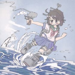  1girl absurdres animal black_hair black_socks blue_skirt blue_sky blush_stickers bocchi-ya-nawi day firing fish green_sailor_collar grey_eyes grey_shirt grey_shoes grin highres holding kantai_collection miyuki_(kancolle) neck_ribbon outdoors pink_ribbon pleated_skirt ribbon sailor_collar school_uniform serafuku shirt shoes short_sleeves skirt sky smile smoke smoking_barrel socks solo water 