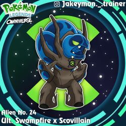  ben_10 ben_10:_ultimate_alien blue_tongue colored_tongue copyright_logo copyright_name east-west_crossover fangs full_body fusion hands_on_own_hips highres instagram_logo instagram_username jakeymon._.trainer logo open_mouth outline poke_ball_symbol pokemon pokemon_(creature) pokemon_focus scovillain solo standing swampfire tongue ultimate_swampfire v-shaped_eyes white_outline 