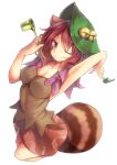  1girl ;) animal_ears blush breasts brown_eyes brown_hair cleavage futatsuiwa_mamizou hat large_breasts leaf leaf_on_head no_glasses raccoon_ears raccoon_tail short_hair simple_background skirt smile snowcanvas solo tail touhou white_background wink 