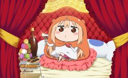  1girl bed blonde_hair blush blush_stickers bottle brown_eyes cape chibi crossed_legs cup curtains dakimakura_(object) doma_umaru doughnut drinking_glass food full_body game_asset hamster_hood himouto!_umaru-chan himouto!_umaru-chan_himouto_ikusei_keikaku holding holding_cup holding_food holding_macaron hood hood_up hooded_cape komaru_(himouto!_umaru-chan) long_hair long_sleeves looking_at_viewer macaron non-web_source o3o official_art orange_cape pillow pink_shorts raised_inner_eyebrows self-datamine shirt shorts sitting sitting_on_pillow solo very_long_hair white_shirt wine_bottle wine_glass 