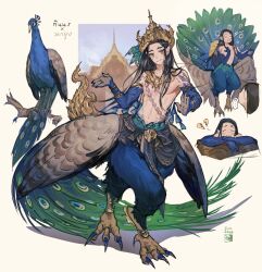  1boy 1girl animal animal_feet animal_hands bird bird_tail bird_wings black_hair brown_wings claws english_commentary feathered_wings harpy_boy highres jewelry long_hair looking_at_viewer low_wings male_focus mixed-language_commentary monster_boy multiple_views original peacock peacock_boy peafowl pelvic_curtain pointy_ears tail thai_clothes thai_commentary thai_text translation_request velahka wings yellow_background yellow_eyes 