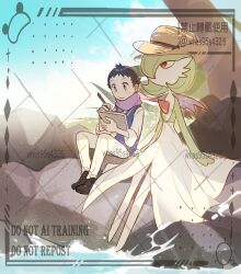  1boy 1girl alternate_costume aqua_necktie arms_at_sides artist_name black_hair black_shoes blue_sky blue_vest bob_cut border brown_hat child closed_mouth clothed_pokemon colored_skin commentary_request day drawing_(action) flat_chest gardevoir green_hair green_skin grey_eyes hair_over_one_eye happy hat highres holding holding_notebook holding_paintbrush long_sleeves multicolored_skin necktie no_feet no_mouth notebook official_alternate_costume on_rock one_eye_covered outdoors paintbrush painting_(action) pants pink_scarf pokemon pokemon_(creature) pokemon_legends:_arceus pokemon_masters_ex rei_(academy)_(pokemon) rei_(pokemon) scarf shirt shoes short_hair sitting sky smile suikaels sweater_vest trilby twitter_username two-tone_skin vest water watermark white_pants white_shirt white_skin 