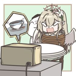  1boy 1girl blonde_hair blue_archive border bound bound_torso brown_hair chair commentary_request cup doodle_sensei_(blue_archive) flower forced_to_watch hair_flower hair_ornament halo highres hikari20000109 long_hair microwave nagisa_(blue_archive) open_mouth pink_halo rope sensei_(blue_archive) speech_bubble tea teacup tied_to_chair tied_up_(nonsexual) white_border white_wings wings 