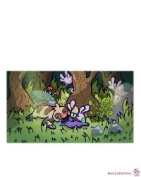  animal_focus closed_eyes commentary dated drooling english_commentary goomy grass highres moss muchpaprika mushroom nostrils open_mouth outdoors pokemon pokemon_(creature) pokemon_focus rock slakoth sleeping star_(symbol) tree twitter_username zzz 