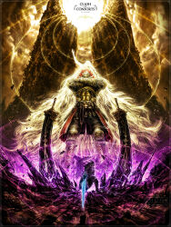  1girl 2026 3boys absurdly_long_hair absurdres armor artist_name battle blonde_hair bloody_wolf_(elden_ring) breastplate brother_and_sister brothers cape character_name cloak commentary copyright_name dated dual_wielding elden_ring elden_ring:_shadow_of_the_erdtree elden_ring_(object) english_commentary fake_horns fighting_stance full_armor fur_cloak gauntlets ghonz_art giant giant_male gold_armor greatsword half-siblings helm helmet highres holding holding_sword holding_weapon horned_helmet horns light_rays long_hair looking_up miquella_(elden_ring) moonlight_greatsword multiple_boys planted planted_sword plume promised_consort_radahn purple_light purple_lightning ranni_the_witch red_hair shoulder_armor siblings sleeveless_tunic starscourge_greatsword sword tarnished_(elden_ring) tunic very_long_hair wavy_hair weapon white_hair white_tunic yellow_eyes 