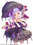  1girl beads black_dress choker dress fishnet_legwear fishnets flower frills gothic_lolita h2so4 hair_flower hair_ornament leaf lolita_fashion long_hair nail_polish original parasol puffy_sleeves purple_hair purple_legwear purple_rose red_eyes red_rose ribbon rose side_ponytail solo strapless_dress umbrella 