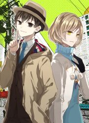  1boy 1girl black_gloves black_hair blonde_hair blue_necktie blue_sweater brown_eyes brown_hair brown_jacket coat fedora gloves hair_between_eyes hat jacket kisaki_asuna long_sleeves looking_at_viewer moritsuka_shun necktie occultic;nine science_adventure shinjou_(rinao2) short_hair smile suit_jacket sweater trench_coat yellow_eyes 