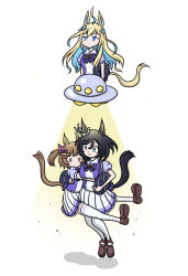  3girls abduction ahoge animal_ears aomushi_taro bag black_hair blonde_hair blue_eyes blue_hair blush bob_cut bow bowtie breasts bright_pupils brown_eyes brown_hair brown_shoes closed_mouth colored_inner_hair commentary_request ear_scrunchie eishin_flash_(umamusume) floating flying_saucer hair_between_eyes hair_bow hair_ornament highres horse_ears horse_girl horse_tail large_breasts long_hair medium_hair multicolored_hair multiple_girls multiple_hair_bows neo_universe_(umamusume) pink_bow pleated_skirt puffy_short_sleeves puffy_sleeves purple_bow purple_bowtie purple_shirt sailor_collar sailor_shirt school_bag school_uniform scrunchie shirt shoes short_hair short_sleeves skirt small_breasts smart_falcon_(umamusume) smile spacecraft swept_bangs tail thigh-highs tracen_school_uniform tractor_beam twintails two-tone_hair ufo umamusume white_pupils white_sailor_collar white_scrunchie white_skirt white_thighhighs yellow_bow 