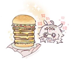  1girl 1other ahoge animal_ears blush_stickers burger cheese chibi commentary facing_viewer flower food grey_hair holding holding_saucer horse_ears horse_girl imaichichan lettuce looking_at_food mini_person minigirl no_mouth oguri_cap_(starlight_beat)_(umamusume) oguri_cap_(umamusume) saucer solo sound_effects sound_effects_only sparkle tomato tomato_slice twitter_username umamusume untranslatable_commentary wavy_eyes 
