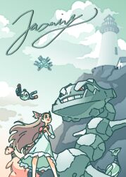 1girl ampharos blue_sky bow brown_hair character_name closed_mouth clouds commentary day dress english_commentary floating floating_hair hair_ornament jasmine_(pokemon) lighthouse looking_up magnemite magnet magneton one-eyed orange_bow outdoors pokemon pokemon_(creature) pokemon_heartgold_and_soulsilver pokemon_team red_eyes robintenjou screw skarmory sky smile steelix teeth two_side_up v-shaped_eyes white_dress 