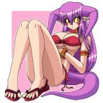  breasts cleavage collar demon_girl feet horns large_breasts lowres oekaki pointy_ears purple_hair sandals spread_toes swimsuit tail toe_spread toes 