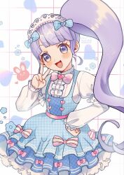 1girl :d blue_dress blunt_bangs bow bowtie center_frills cowboy_shot dress frilled_dress frills hand_on_own_hip hand_up heart highres kashi_ore_3 lolita_fashion long_hair long_sleeves looking_at_viewer manaka_non open_mouth pink_bow pink_bowtie pretty_series pripara purple_hair shirt side_ponytail smile solo standing sweet_lolita v violet_eyes white_shirt 