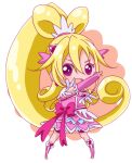  1girl 8041mm :d aida_mana blonde_hair chibi cure_heart dokidoki!_precure long_hair open_mouth outstretched_arm pink_eyes ponytail precure smile solo standing 