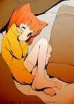  aoki_shin feet one_eye_closed orange_hair original pillow pillows red_eyes sleepy socks thigh-highs thighhighs wink 