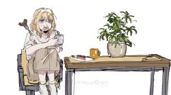  1girl absurdres bang_dream! bang_dream!_it's_mygo!!!!! blonde_hair brown_skirt commentary crying cup doughnut food food_in_mouth fork highres holding holding_cup holding_fork medium_hair melenthropy misumi_uika mug plant potted_plant shirt short_sleeves sidelocks sitting skirt socks solo table twitter_username untranslatable_commentary violet_eyes white_background white_shirt white_socks 