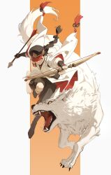  1girl absurdres arrow_(projectile) black_hair black_hat black_pants bow_(weapon) braid braided_ponytail colored_sclera commentary hat highres holding holding_arrow long_hair open_mouth original pants seuhyo99 shirt untranslatable_commentary weapon white_fur white_shirt wolf yellow_sclera 