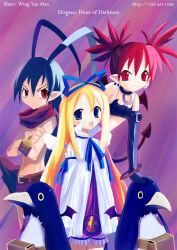  1boy 2girls :3 angry antenna_hair arm_belt artist_name bangle belt bird black_choker black_gloves blonde_hair blue_eyes blue_hair blue_ribbon blush_stickers bracelet brown_belt choker commentary crossed_arms demon_tail demon_wings detached_sleeves disgaea dress earrings elbow_gloves english_commentary english_text etna_(disgaea) fang flonne gift_art gloves hair_ribbon happy jewelry laharl looking_at_viewer multiple_girls penguin pointy_ears prinny purple_background red_eyes red_hair red_scarf red_shorts ribbon scarf short_twintails shorts skull_earrings slit_pupils tail topless_male twintails upper_body white_dress wide_sleeves wing_yun_man wings 