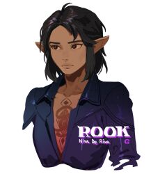  1girl black_hair breasts bw2gold character_name chest_tattoo dark-skinned_female dark_skin dragon_age dragon_age:_the_veilguard dress_shirt elf low_neckline medium_hair pointy_ears rook_(dragon_age) shirt small_breasts solo tattoo white_background 