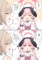  2girls absurdres bare_shoulders black_wings blonde_hair blue_archive bow bracelet clothing_cutout commentary_request female_sensei_(blue_archive) halo hat head_wings highres jewelry koharu_(blue_archive) koharu_(c108_swimsuit)_(blue_archive) long_hair multiple_girls official_alternate_costume pink_bow pink_eyes pink_hair pink_halo purple_scrunchie sailor_collar scrunchie sensei_(blue_archive) shirt short_hair shoulder_cutout suzutarou_gunsou sweatdrop translation_request white_hat white_sailor_collar white_shirt wings wrist_scrunchie 