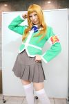  ari_(model) armband blonde_hair cosplay mai_hime photo school_uniform suzushiro_haruka thigh-highs 