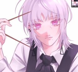  1girl chainsaw_man chopsticks collared_shirt death_devil_(chainsaw_man) ear_piercing earrings eyelashes fami_(chainsaw_man) fourth_east_high_school_uniform holding holding_chopsticks jewelry long_sleeves medium_hair mole mole_on_cheek mole_under_eye mole_under_mouth neck_ribbon piercing pink_eyes pink_hair ribbon ringed_eyes rzvzen school_uniform shirt sidelocks solo tassel tassel_earrings 