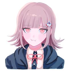  1girl 73_wave73 breasts collared_shirt cropped_shoulders danganronpa_(series) danganronpa_2:_goodbye_despair flipped_hair hair_ornament highres hood jacket long_sleeves looking_at_viewer medium_hair nanami_chiaki neck_ribbon open_clothes open_jacket pink_eyes pink_ribbon pout ribbon shirt simple_background solo white_background white_shirt 