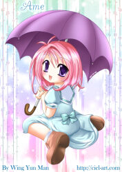  1girl ame_(amecon) amecon artist_name blue_dress bob_cut brown_shoes character_name commentary deformed dress english_commentary full_body holding holding_umbrella looking_at_viewer looking_back official_art open_mouth pink_hair promotional_art puffy_short_sleeves puffy_sleeves purple_umbrella rainbow_background sailor_collar sailor_dress shoes short_sleeves sitting smile solo umbrella violet_eyes wariza white_sailor_collar wing_yun_man 