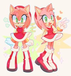  1girl :d absurdres amy_rose artist_name bare_shoulders boots breasts clenched_hands commentary dress frown full_body furry furry_female gloves green_eyes hairband heart hedgehog_girl highres looking_at_viewer medium_breasts multiple_views open_mouth pink_fur pink_hair puff_of_air red_boots red_dress red_hairband short_hair sleeveless sleeveless_dress smile sonic_(series) tail v white_gloves xyorit 