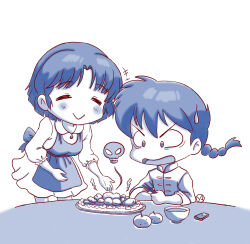  1boy 1girl ^_^ absurdres apron bad_food bowl braid chibi chibi_only chinese_clothes chopsticks closed_eyes closed_mouth commentary_request dress floating_skull highres holding holding_chopsticks inktober leaning_forward ranma_1/2 saotome_ranma saotome_ranma_(male) short_hair single_braid smile spanish_commentary sweatdrop tangzhuang tendou_akane v-shaped_eyebrows white_background ya-chan85 